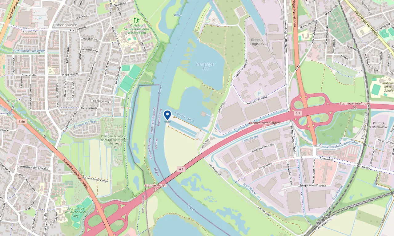 Kartenausschnitt: Yachtservice Hartwig liegt auf dem Gelände des Wassersport-Zentrums Oberweser an der Weser in Bremen-Hemelingen, Zum Schlut 1A, 28309 Bremen, südlich der A1-Abfahrt Bremen-Hemelingen.